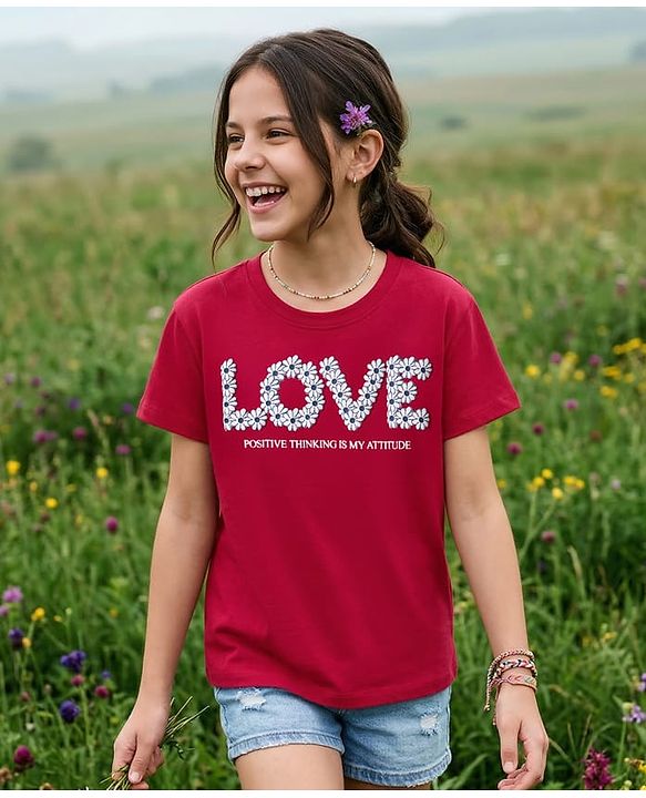 Pine Kids 100% Cotton Knit Half Sleeves Floral Printed T-Shirt - Red