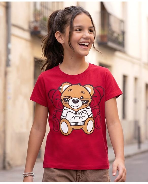 Pine Kids Cotton Knit Half Sleeves T-Shirt With Teddy Bear Print - Red