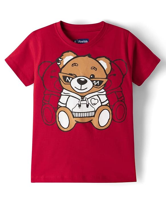 Pine Kids Cotton Knit Half Sleeves T-Shirt With Teddy Bear Print - Red