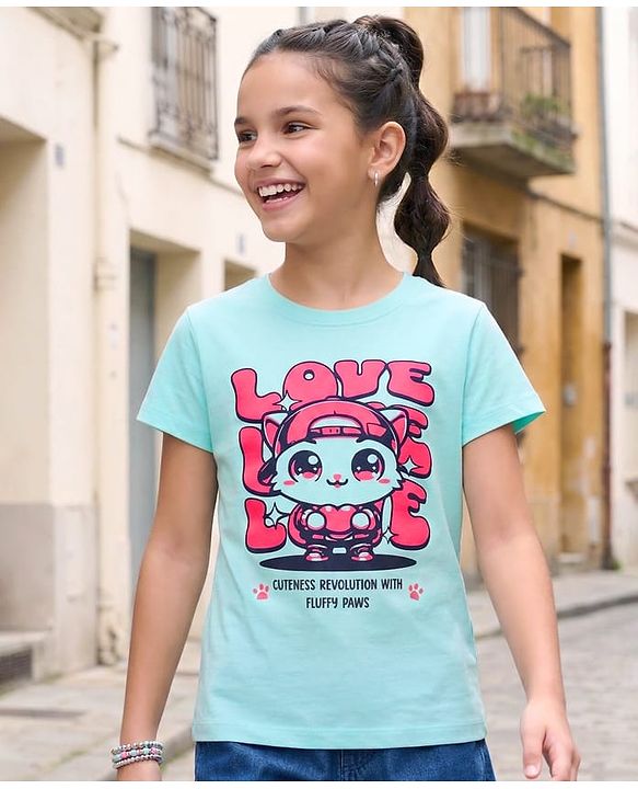 Pine Kids Cotton Knit Half Sleeves T-Shirt with Text Print - Aqua Blue