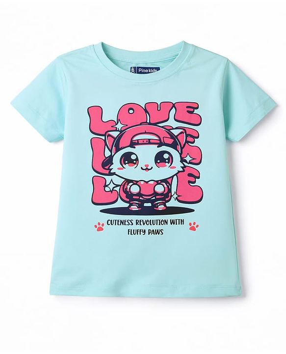 Pine Kids Cotton Knit Half Sleeves T-Shirt with Text Print - Aqua Blue