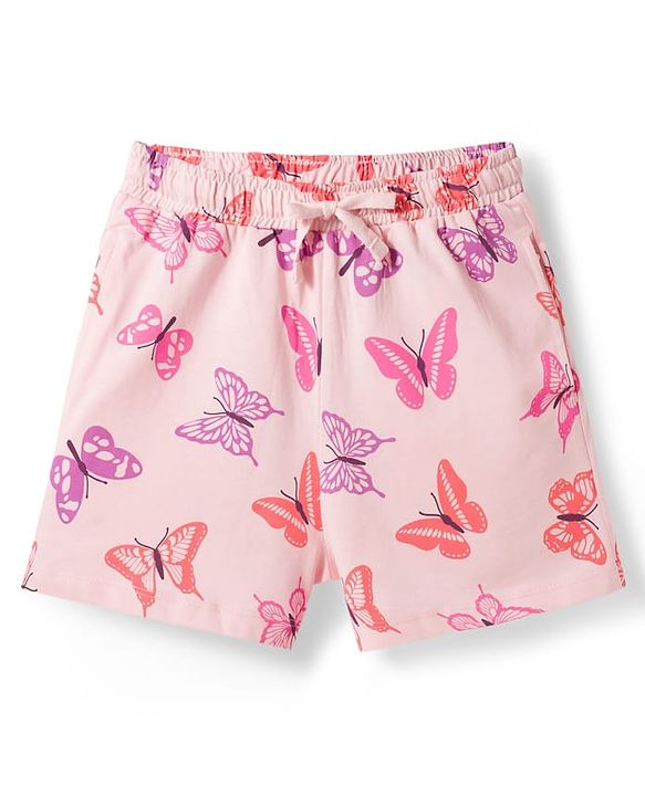 Pine Kids Cotton Knit Half Sleeves T-Shirt & Shorts Night-Suit With Butterfly Print - Pink