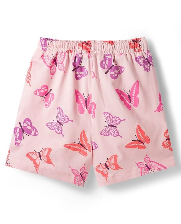 Pine Kids Cotton Knit Half Sleeves T-Shirt & Shorts Night-Suit With Butterfly Print - Pink