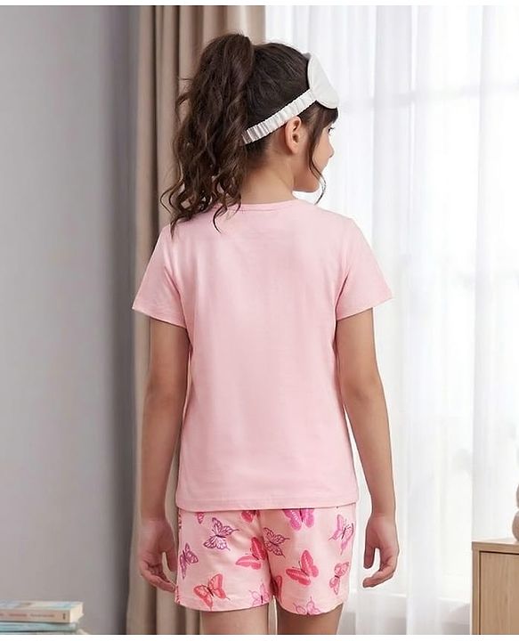 Pine Kids Cotton Knit Half Sleeves T-Shirt & Shorts Night-Suit With Butterfly Print - Pink