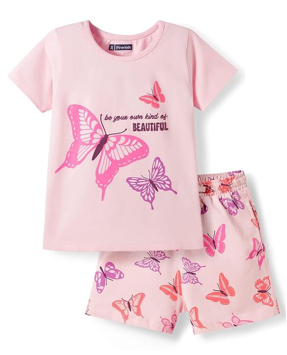 Pine Kids Cotton Knit Half Sleeves T-Shirt & Shorts Night-Suit With Butterfly Print - Pink