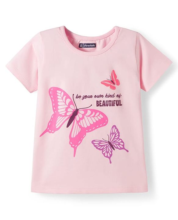 Pine Kids Cotton Knit Half Sleeves T-Shirt & Shorts Night-Suit With Butterfly Print - Pink