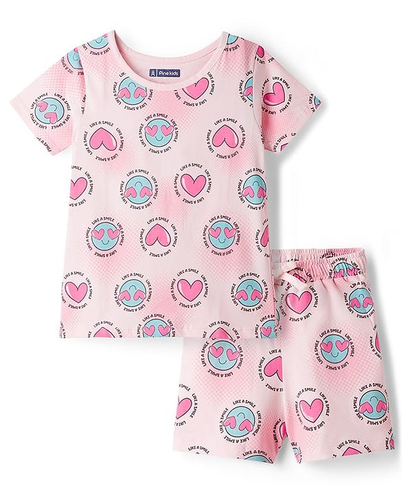 Pine Kids Cotton Knit Half Sleeves Top & Shorts Co-ord Night Suit with Heart Print - Pink
