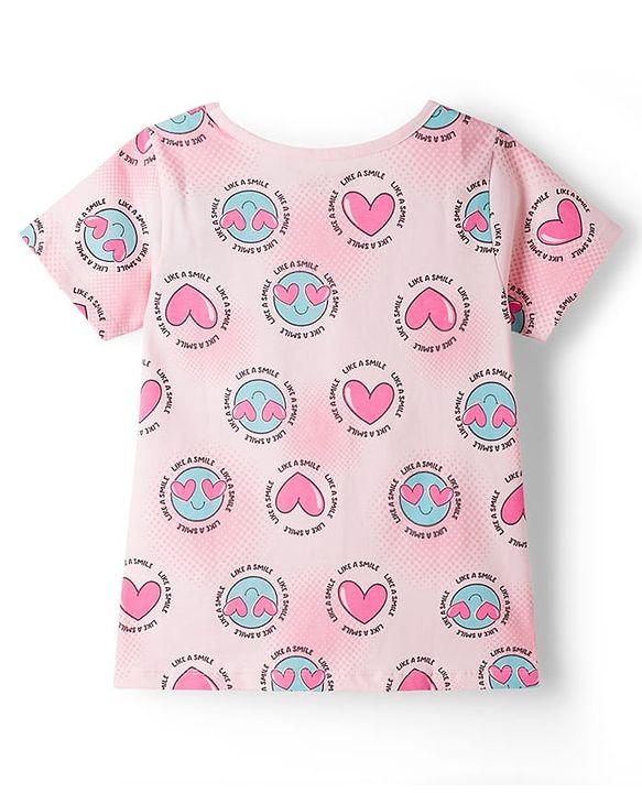 Pine Kids Cotton Knit Half Sleeves Top & Shorts Co-ord Night Suit with Heart Print - Pink