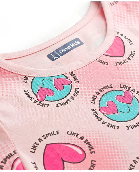 Pine Kids Cotton Knit Half Sleeves Top & Shorts Co-ord Night Suit with Heart Print - Pink