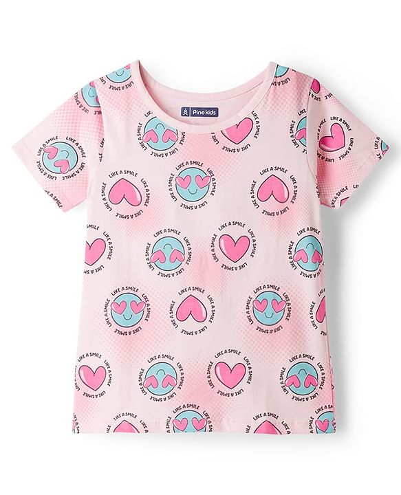 Pine Kids Cotton Knit Half Sleeves Top & Shorts Co-ord Night Suit with Heart Print - Pink