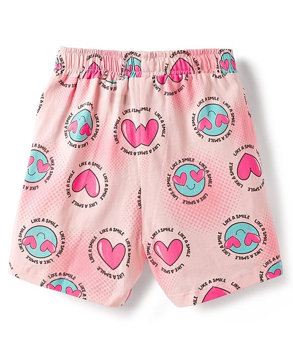 Pine Kids Cotton Knit Half Sleeves Top & Shorts Co-ord Night Suit with Heart Print - Pink