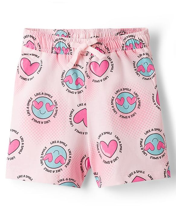 Pine Kids Cotton Knit Half Sleeves Top & Shorts Co-ord Night Suit with Heart Print - Pink