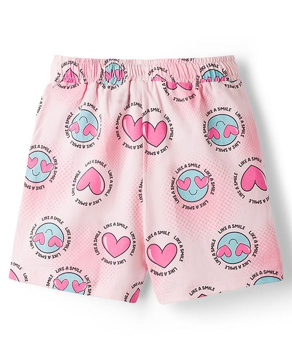 Pine Kids Cotton Knit Half Sleeves Top & Shorts Co-ord Night Suit with Heart Print - Pink