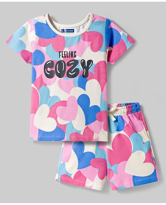 Pine Kids Cotton Knit Half Sleeves T-Shirt & Shorts Night-Suit With Heart & Text Print - Multicolor