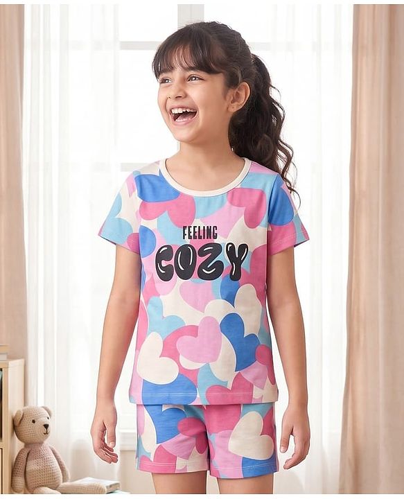 Pine Kids Cotton Knit Half Sleeves T-Shirt & Shorts Night-Suit With Heart & Text Print - Multicolor