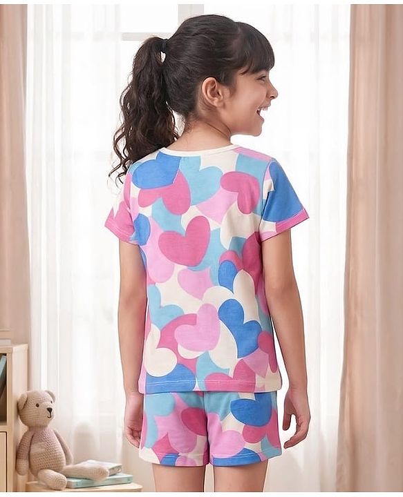 Pine Kids Cotton Knit Half Sleeves T-Shirt & Shorts Night-Suit With Heart & Text Print - Multicolor