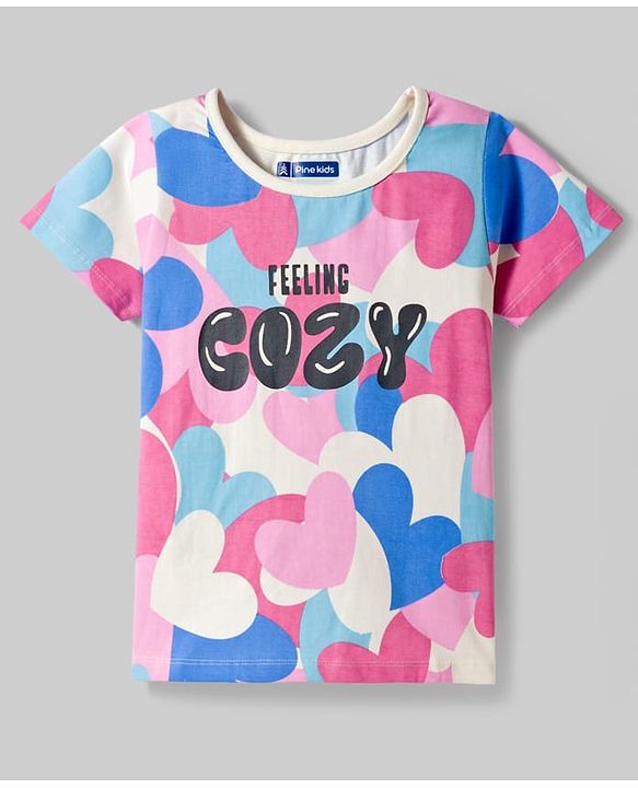 Pine Kids Cotton Knit Half Sleeves T-Shirt & Shorts Night-Suit With Heart & Text Print - Multicolor