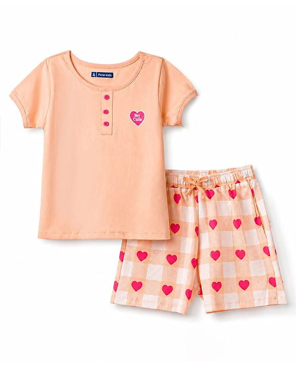 Pine Kids Cotton Knit Half Sleeves  Heart Printed T-Shirt & Shorts Night Suit - Cream