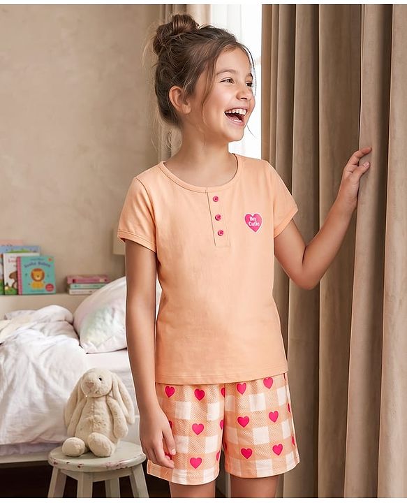 Pine Kids Cotton Knit Half Sleeves  Heart Printed T-Shirt & Shorts Night Suit - Cream