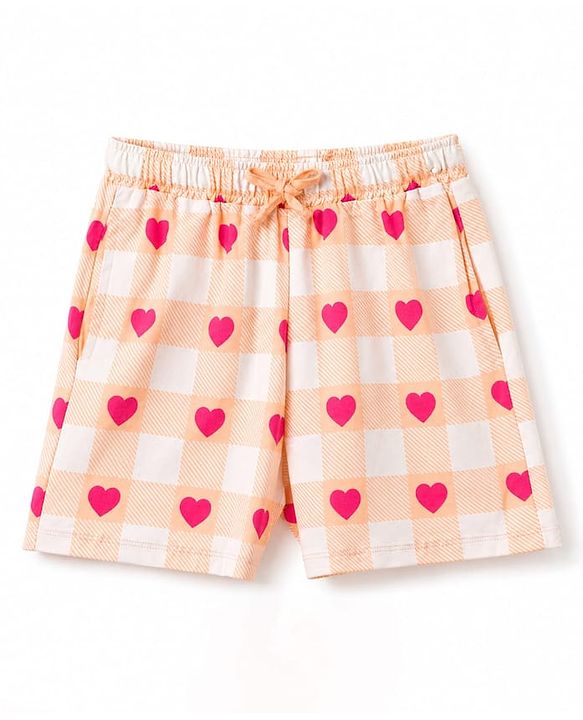 Pine Kids Cotton Knit Half Sleeves  Heart Printed T-Shirt & Shorts Night Suit - Cream
