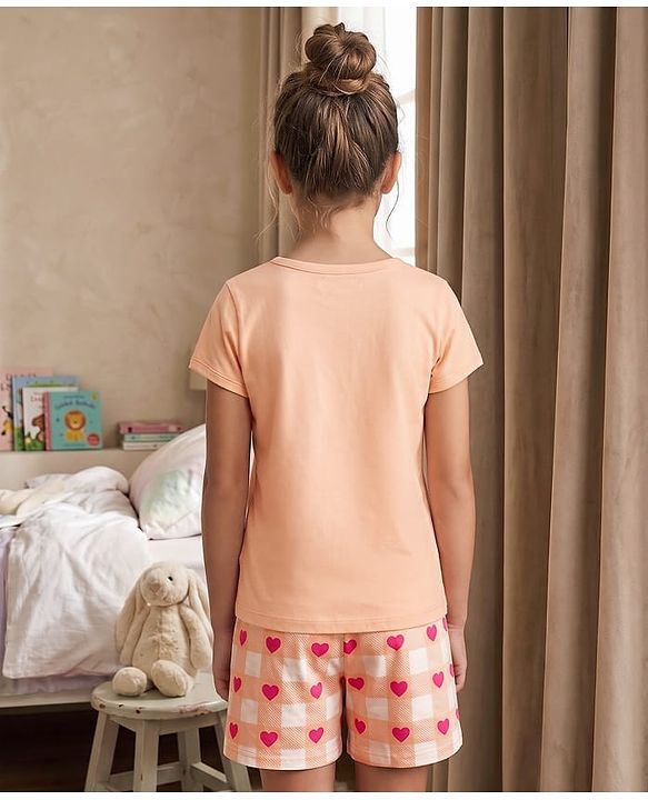Pine Kids Cotton Knit Half Sleeves  Heart Printed T-Shirt & Shorts Night Suit - Cream