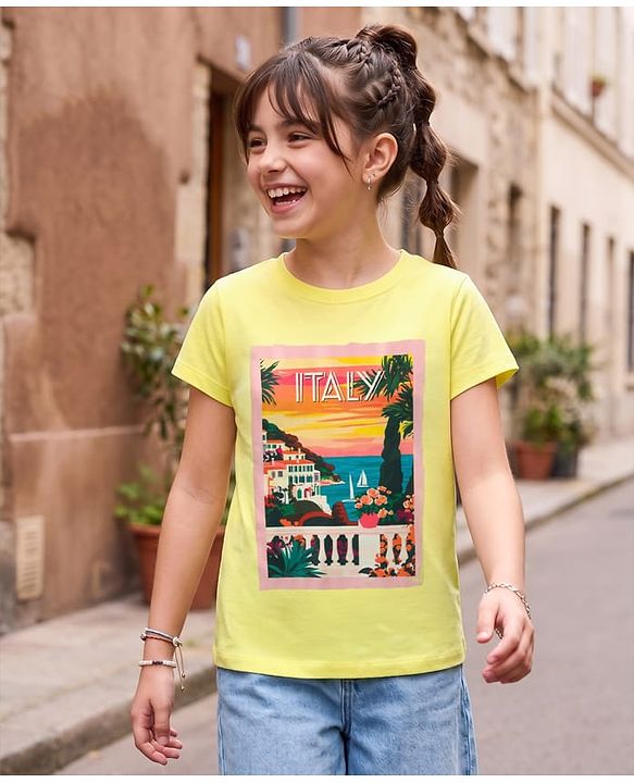 Pine Kids Cotton Knit Half Sleeves T-Shirt With Italy Print - Yellow