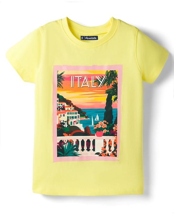 Pine Kids Cotton Knit Half Sleeves T-Shirt With Italy Print - Yellow