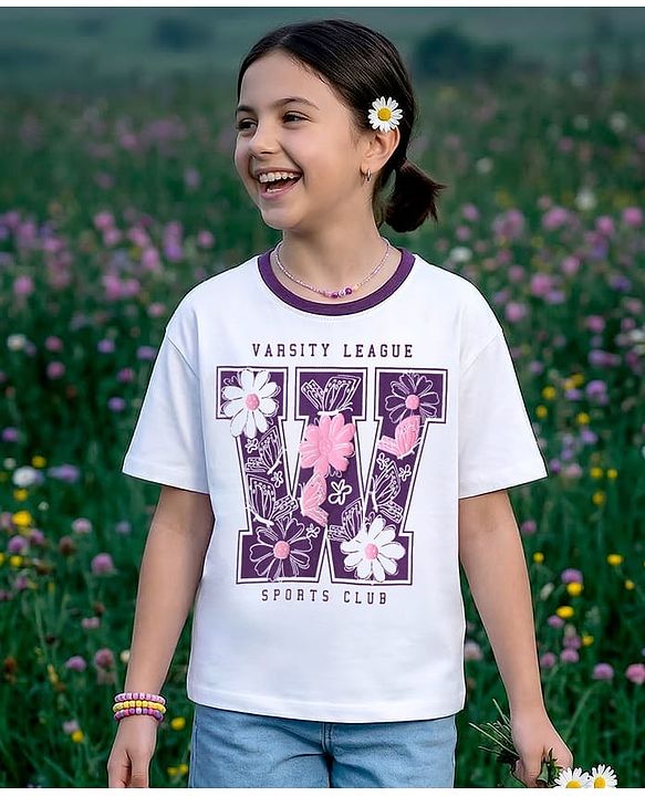 Pine Kids Cotton Knit Half Sleeves T-Shirt With Floral Print - White