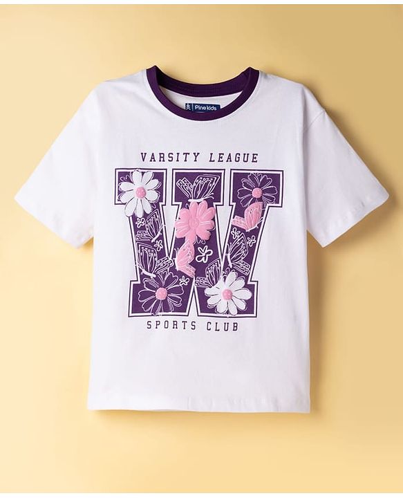 Pine Kids Cotton Knit Half Sleeves T-Shirt With Floral Print - White