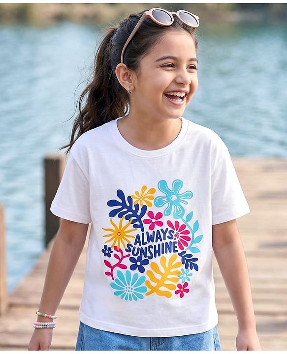 Pine Kids Cotton Knit Drop Shoulder T-Shirt with Tropical Theme Graphic - White