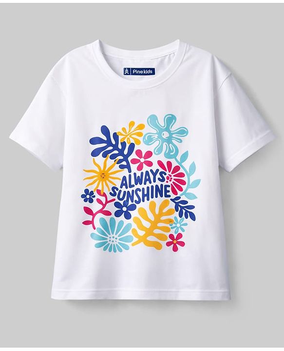 Pine Kids Cotton Knit Drop Shoulder T-Shirt with Tropical Theme Graphic - White