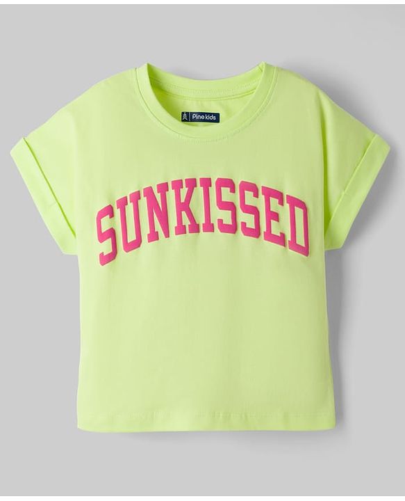 Pine Kids Cotton Knit Half Sleeves T-Shirt With Sunkissed Print - Lime Green