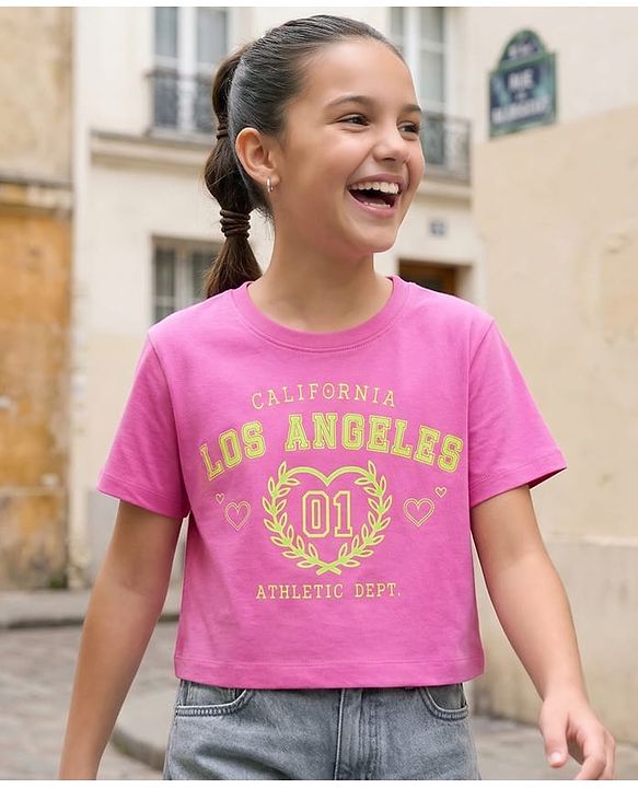 Pine Kids  Cotton Knit Half Sleeves T-Shirt with Los Angeles Print - Plum