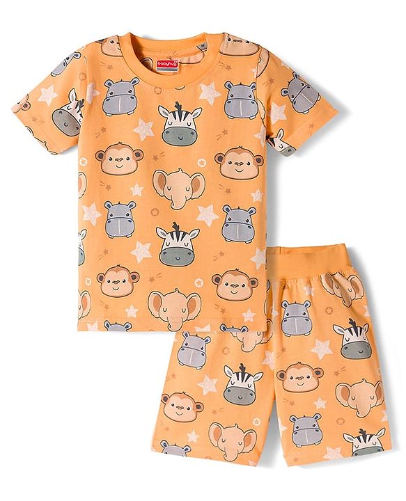 Babyhug Cotton Knit Half Sleeves Animal Printed Co-Ords T-Shirt & Shorts Night Suit - Orange
