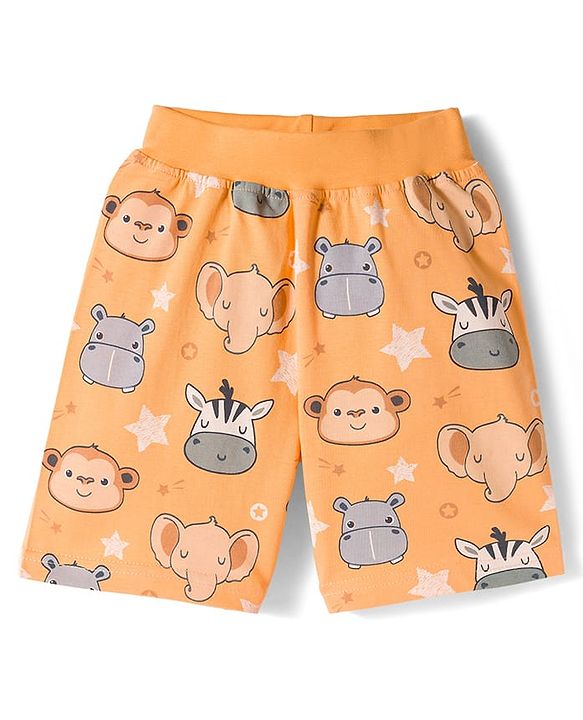 Babyhug Cotton Knit Half Sleeves Animal Printed Co-Ords T-Shirt & Shorts Night Suit - Orange