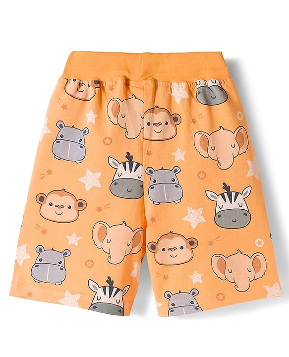 Babyhug Cotton Knit Half Sleeves Animal Printed Co-Ords T-Shirt & Shorts Night Suit - Orange