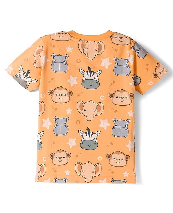 Babyhug Cotton Knit Half Sleeves Animal Printed Co-Ords T-Shirt & Shorts Night Suit - Orange