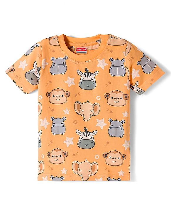 Babyhug Cotton Knit Half Sleeves Animal Printed Co-Ords T-Shirt & Shorts Night Suit - Orange