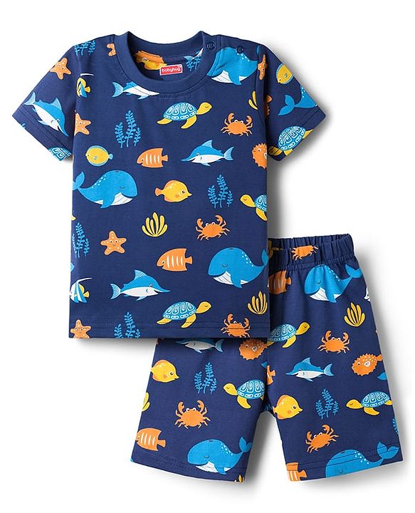 Babyhug Cotton Knit Half Sleeves Co-Ords T-Shirt & Shorts Night-Suit With Sea Life Print - Navy Blue