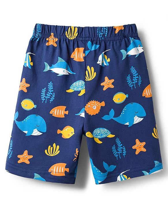 Babyhug Cotton Knit Half Sleeves Co-Ords T-Shirt & Shorts Night-Suit With Sea Life Print - Navy Blue