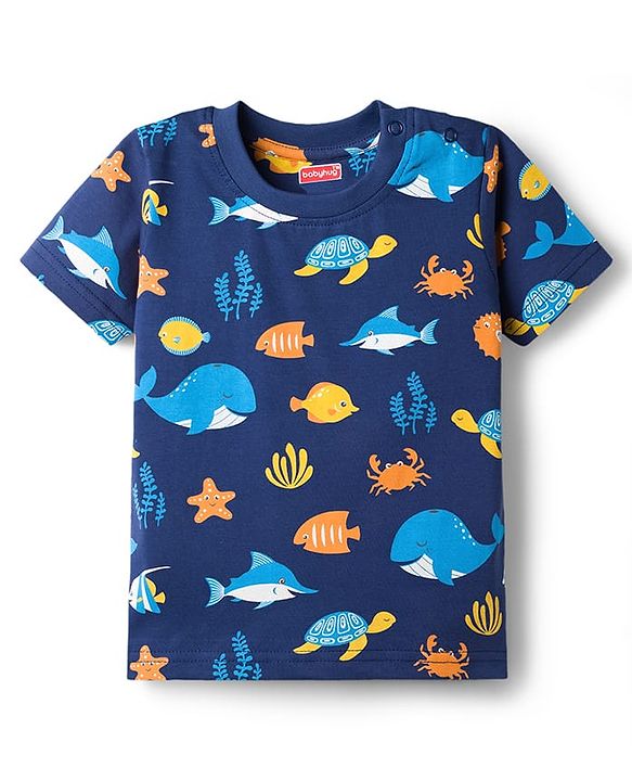 Babyhug Cotton Knit Half Sleeves Co-Ords T-Shirt & Shorts Night-Suit With Sea Life Print - Navy Blue