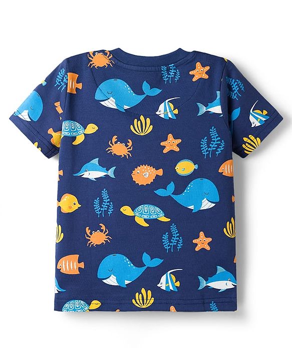 Babyhug Cotton Knit Half Sleeves Co-Ords T-Shirt & Shorts Night-Suit With Sea Life Print - Navy Blue