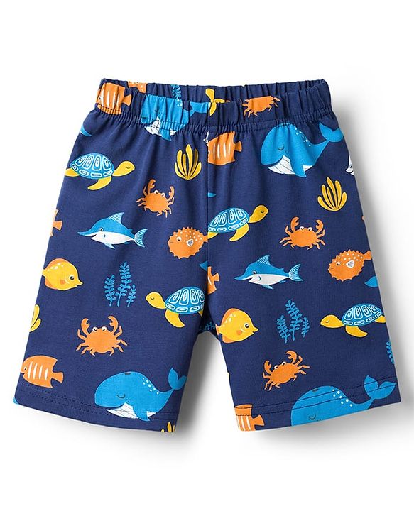 Babyhug Cotton Knit Half Sleeves Co-Ords T-Shirt & Shorts Night-Suit With Sea Life Print - Navy Blue