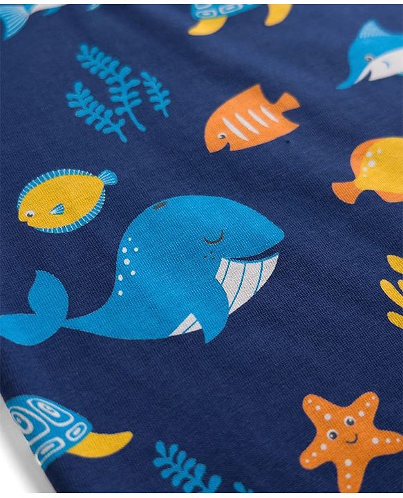 Babyhug Cotton Knit Half Sleeves Co-Ords T-Shirt & Shorts Night-Suit With Sea Life Print - Navy Blue