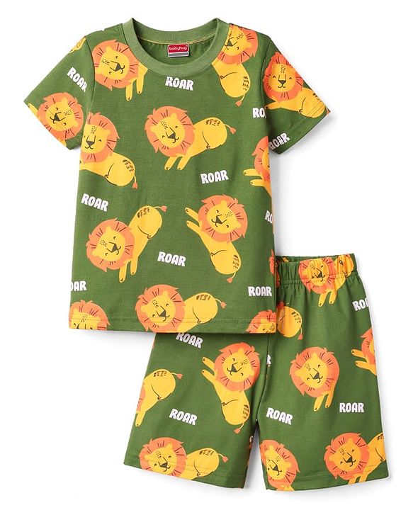 Babyhug Cotton Knit Half Sleeves Co-Ord Half Sleeves & Shorts Night Suit With Lion Print - Green