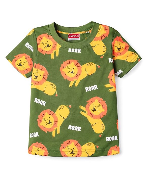 Babyhug Cotton Knit Half Sleeves Co-Ord Half Sleeves & Shorts Night Suit With Lion Print - Green