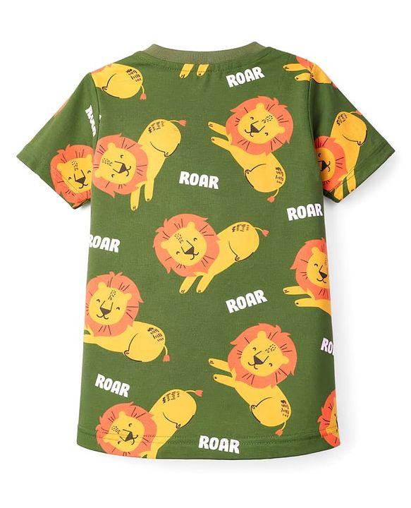 Babyhug Cotton Knit Half Sleeves Co-Ord Half Sleeves & Shorts Night Suit With Lion Print - Green