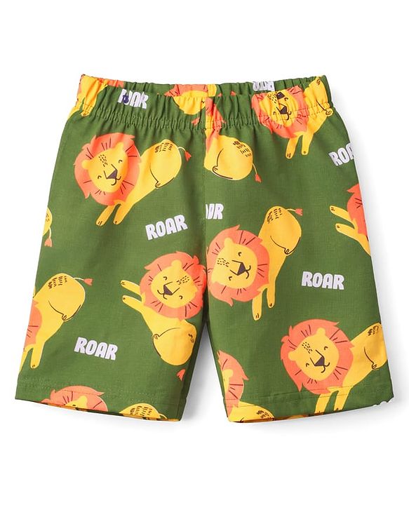 Babyhug Cotton Knit Half Sleeves Co-Ord Half Sleeves & Shorts Night Suit With Lion Print - Green