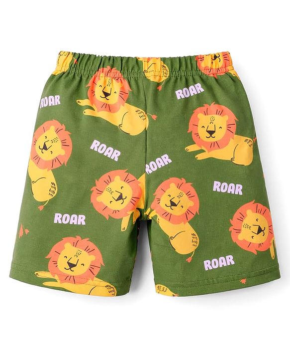 Babyhug Cotton Knit Half Sleeves Co-Ord Half Sleeves & Shorts Night Suit With Lion Print - Green