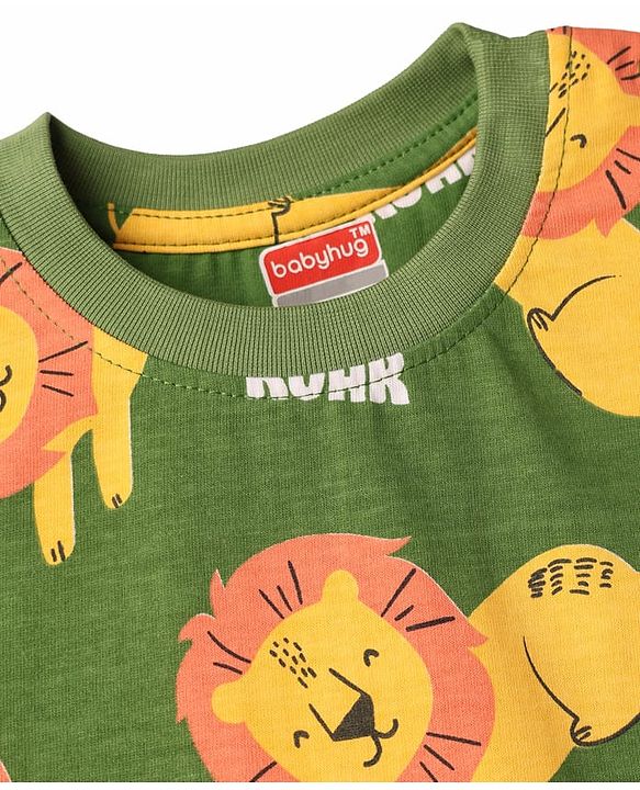 Babyhug Cotton Knit Half Sleeves Co-Ord Half Sleeves & Shorts Night Suit With Lion Print - Green